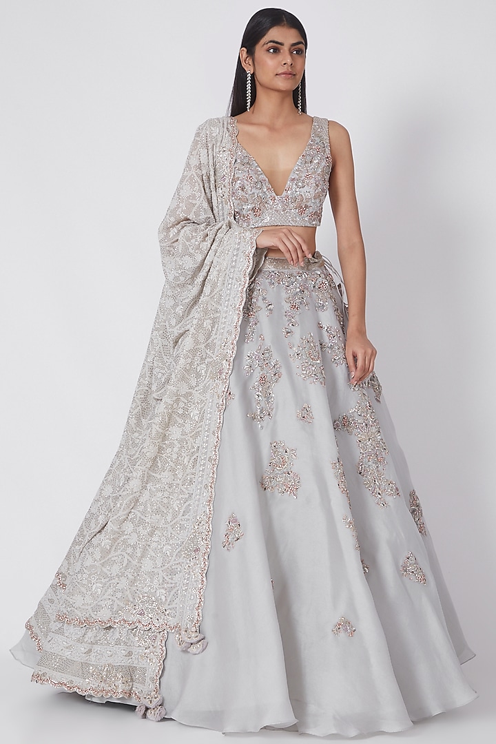 Grey Embroidered Lehenga Set by Dolly J