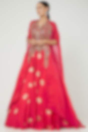 Red Satin Jacket Bridal Lehenga Set by Dolly J at Pernia's Pop Up Shop