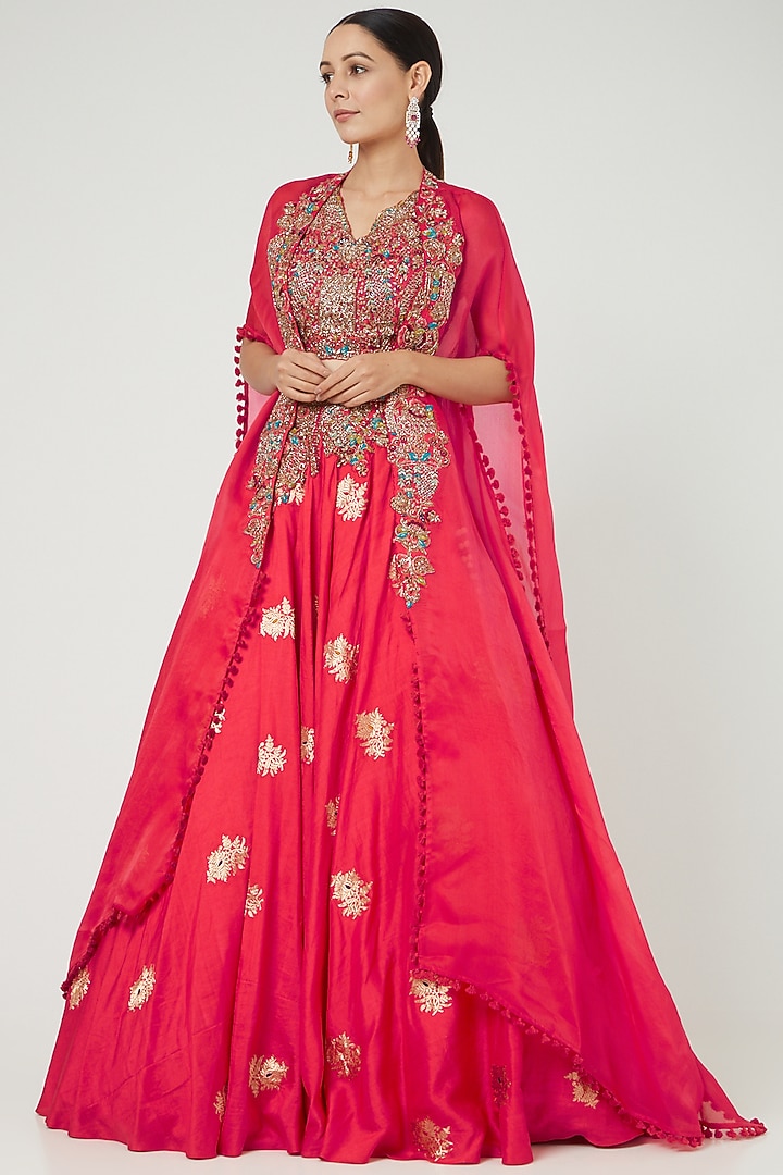 Red Satin Jacket Bridal Lehenga Set by Dolly J at Pernia's Pop Up Shop