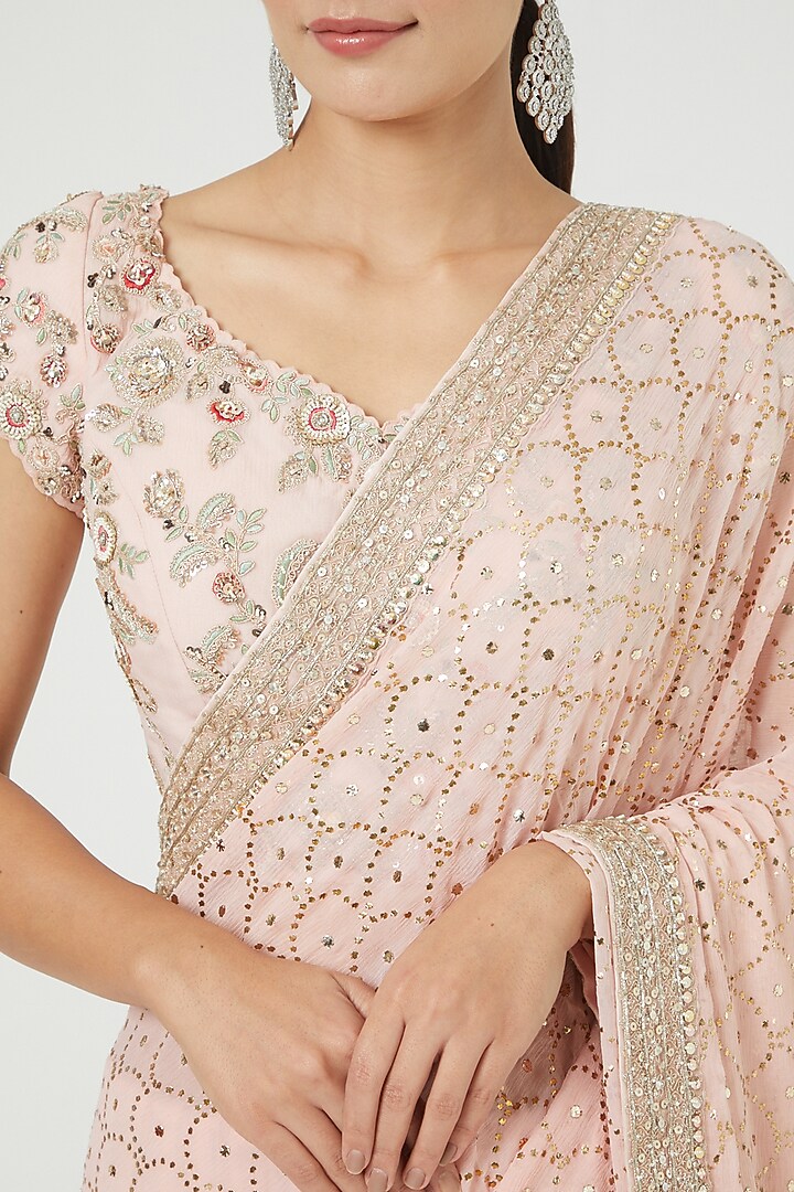 Blush Pink Chiffon Bridal Saree Set by Dolly J at Pernia's Pop Up Shop