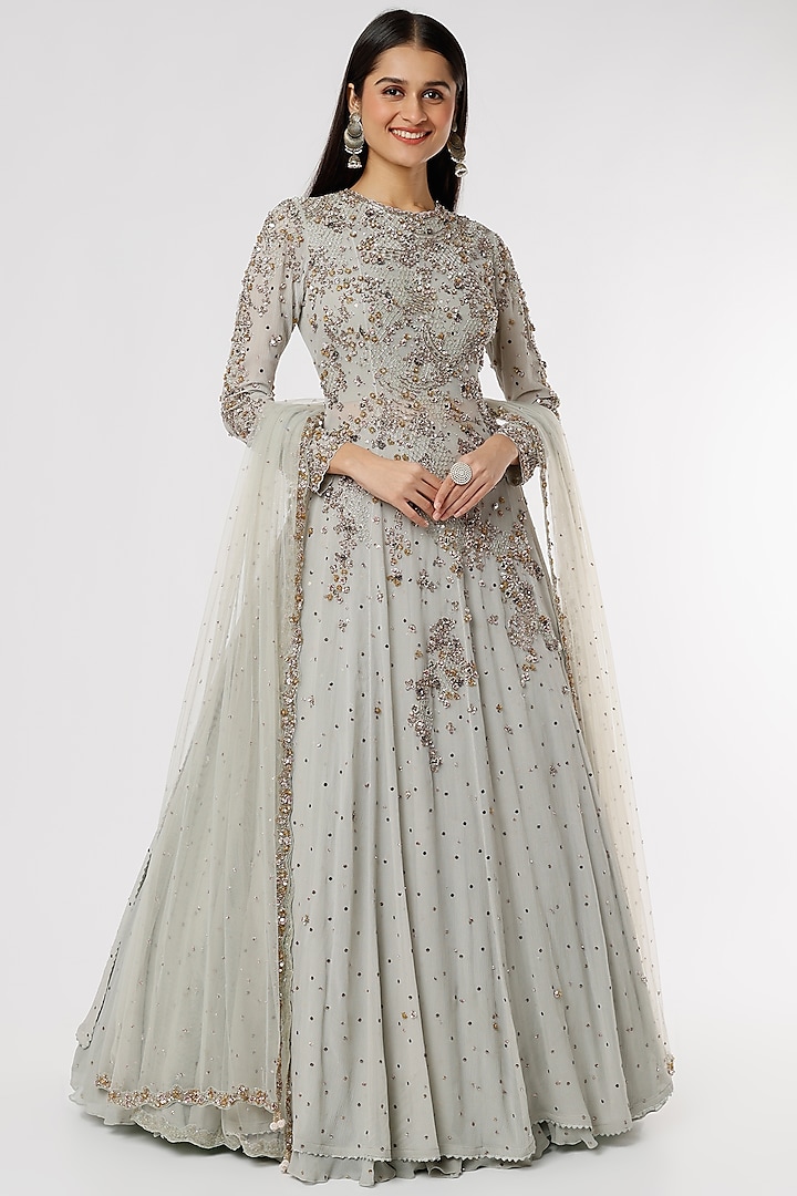 Grey Embroidered Lehenga Set by Dolly J
