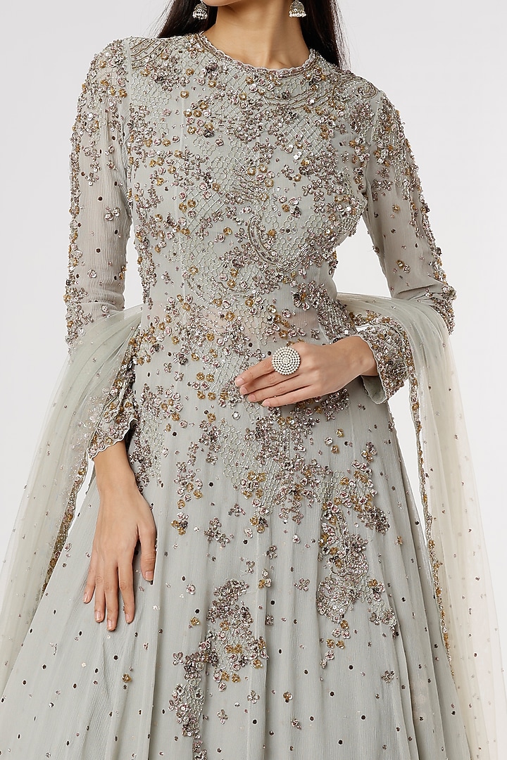 Grey Embroidered Wedding Lehenga Set by Dolly J at Pernia's Pop Up Shop