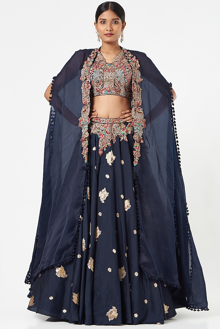 Midnight Blue Embroidered Lehenga Set by Dolly J