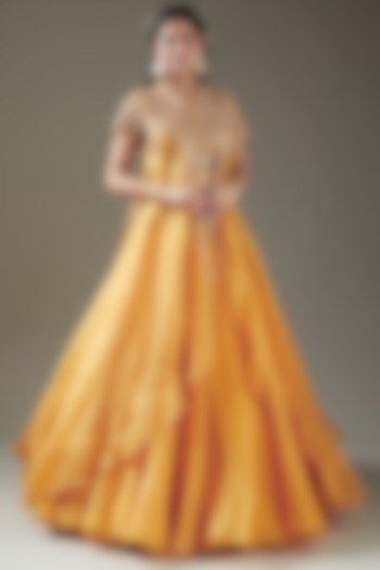 Mustard Yellow Satin Wedding Lehenga Set by Dolly J at Pernia's Pop Up Shop