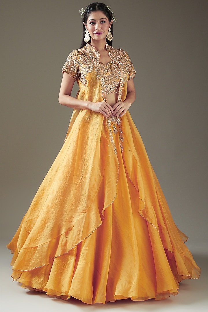 Mustard Yellow Satin Wedding Lehenga Set by Dolly J at Pernia's Pop Up Shop