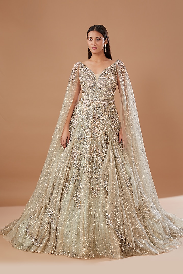 Beige Shimmer Tulle Embroidered Gown by Dolly J at Pernia's Pop Up Shop