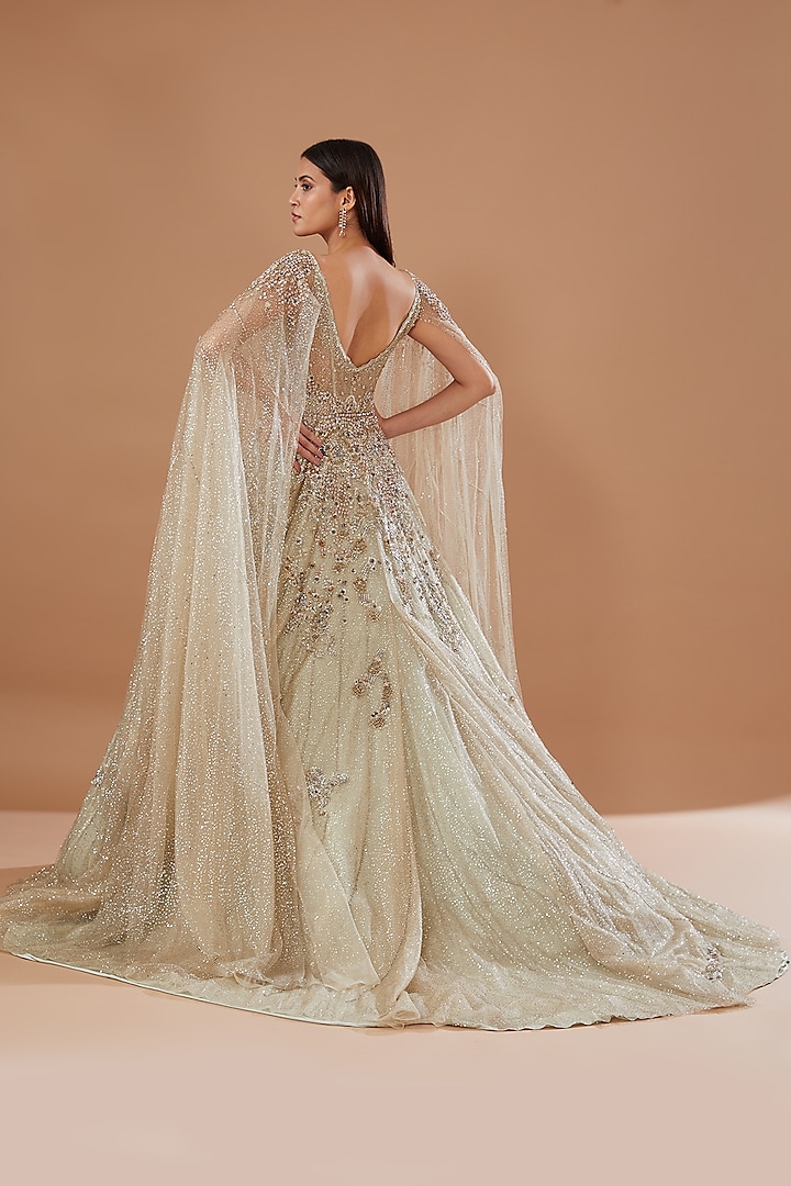Beige Shimmer Tulle Embroidered Bridal Gown by Dolly J at Pernia's Pop Up Shop
