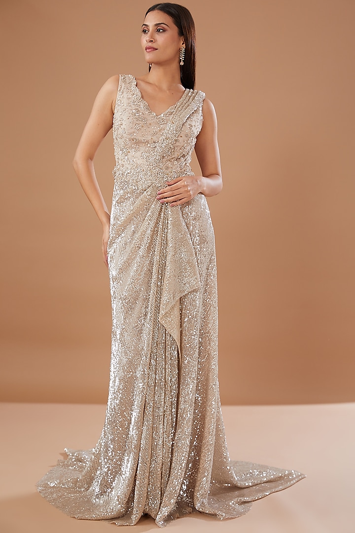 Beige Tulle & Lycra Embroidered Saree Gown by Dolly J