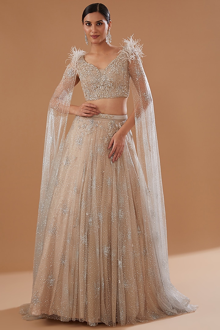 Beige Raw Silk Hand Embroidered Wedding Lehenga Set by Dolly J at Pernia's Pop Up Shop