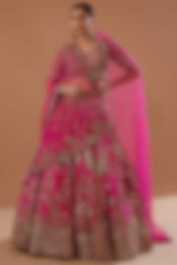 Fuchsia Pink Raw Silk Embroidered Bridal Lehenga Set by Dolly J at Pernia's Pop Up Shop