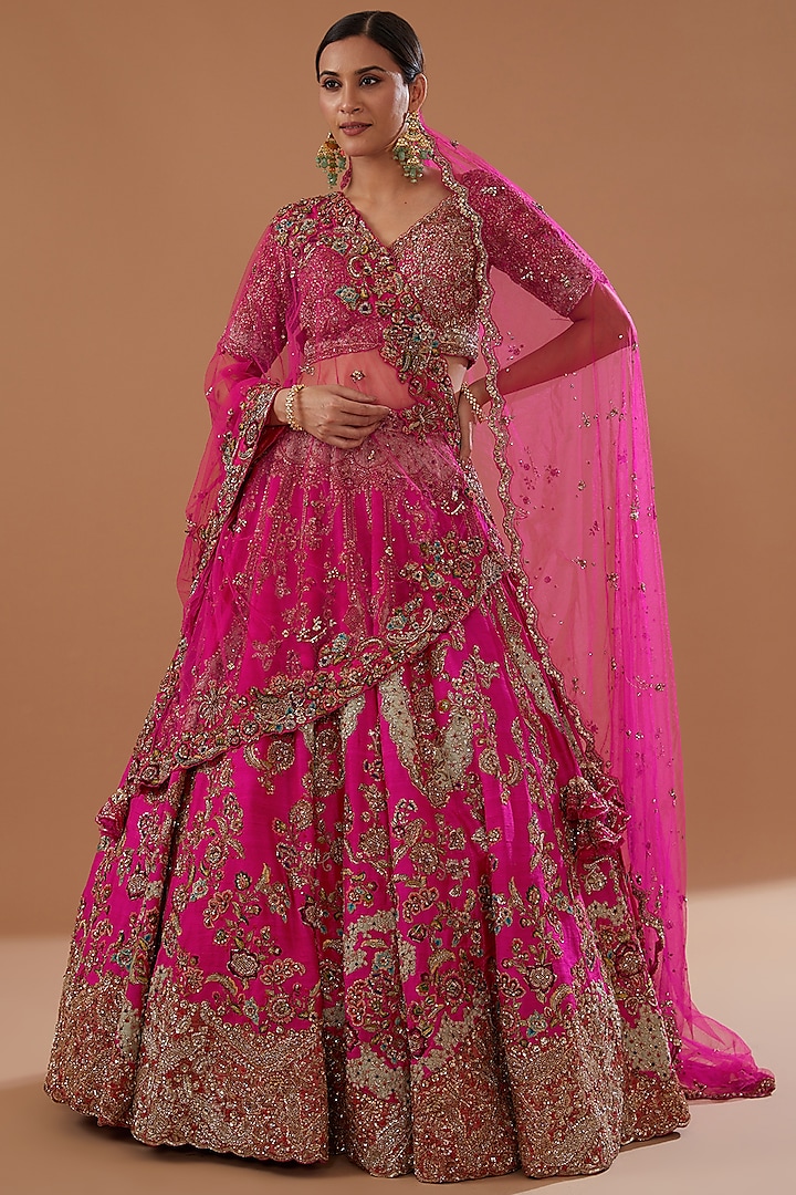 Fuchsia Pink Raw Silk Embroidered Bridal Lehenga Set by Dolly J at Pernia's Pop Up Shop