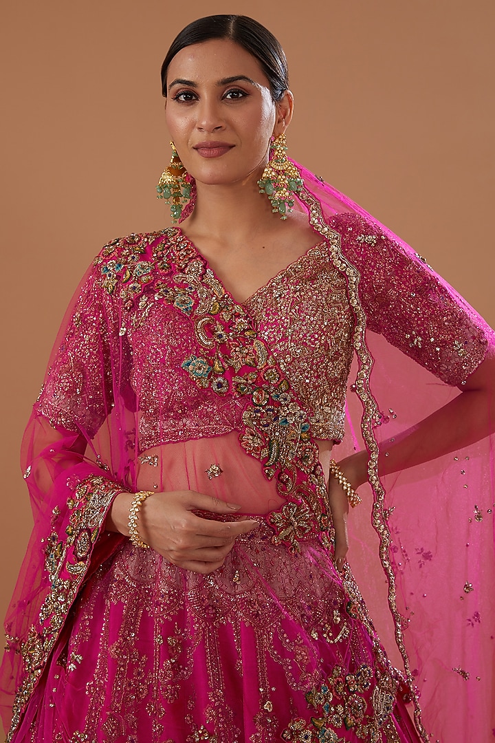 Fuchsia Pink Raw Silk Embroidered Bridal Lehenga Set by Dolly J at Pernia's Pop Up Shop