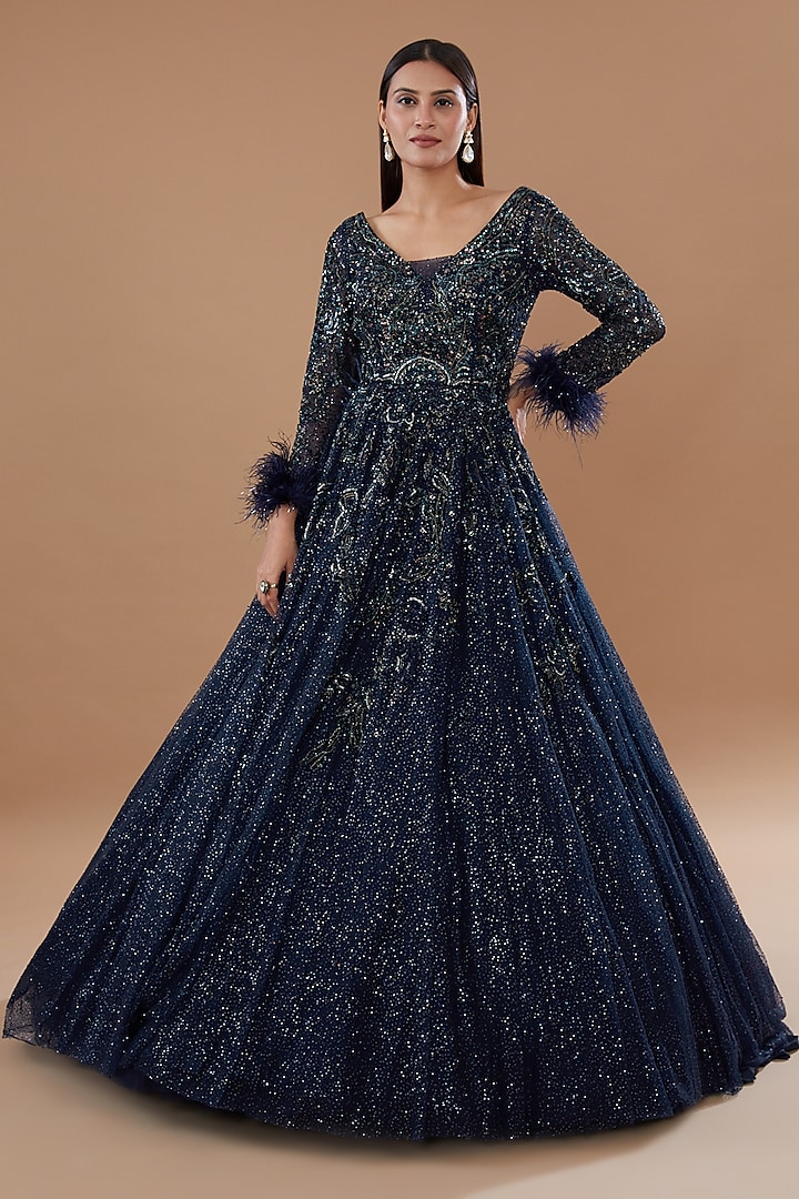 Navy Blue Shimmer Tulle Embroidered Gown by Dolly J at Pernia's Pop Up Shop