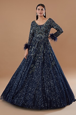 Navy Blue Shimmer Tulle Embroidered Gown by Dolly J