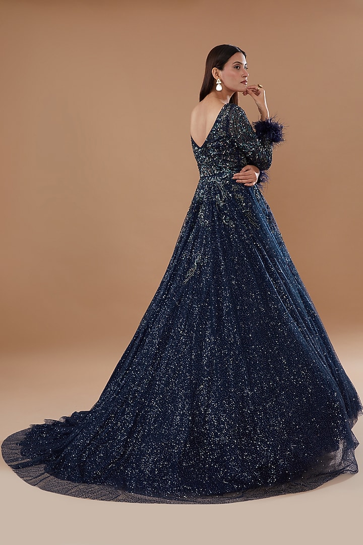 Navy Blue Shimmer Tulle Embroidered Bridal Gown by Dolly J at Pernia's Pop Up Shop