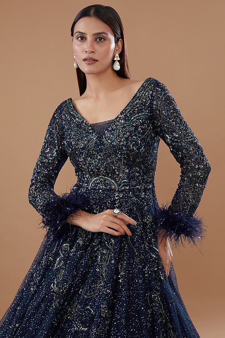 Navy Blue Shimmer Tulle Embroidered Bridal Gown by Dolly J at Pernia's Pop Up Shop