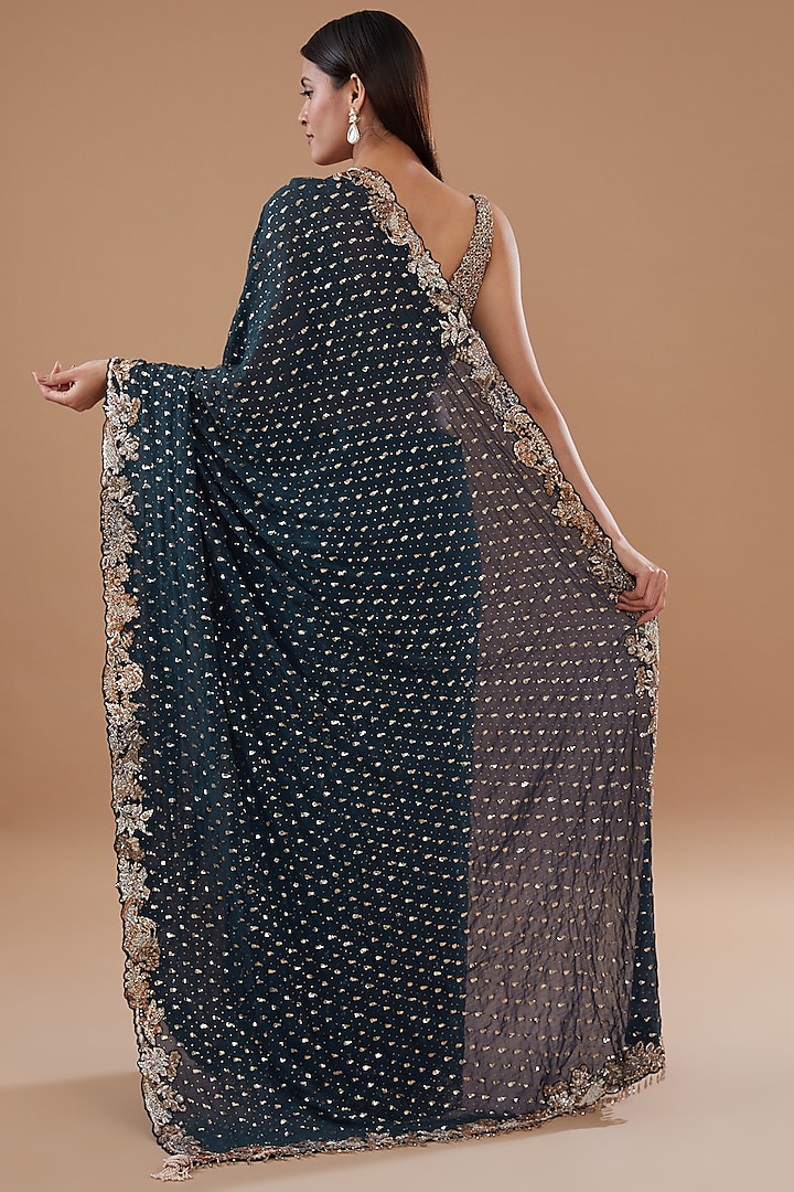 Dark Teal Georgette Embroidered Bridal Saree Set by Dolly J at Pernia's Pop Up Shop
