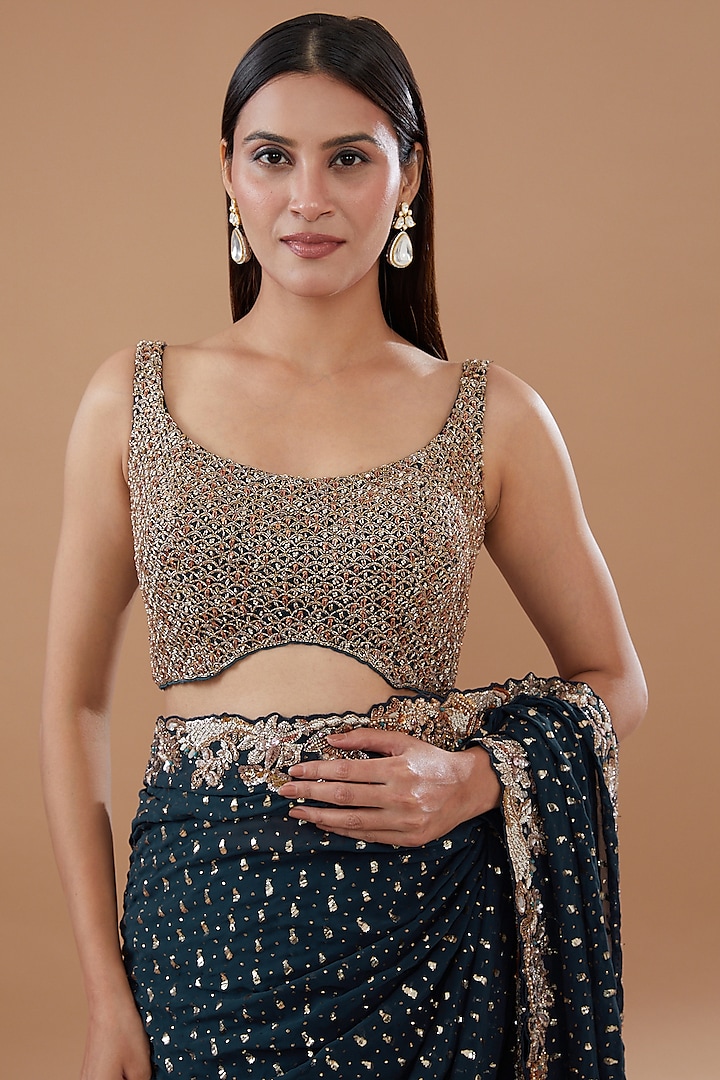 Dark Teal Georgette Embroidered Bridal Saree Set by Dolly J at Pernia's Pop Up Shop