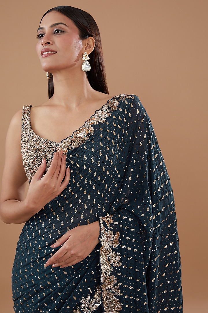 Dark Teal Georgette Embroidered Bridal Saree Set by Dolly J at Pernia's Pop Up Shop