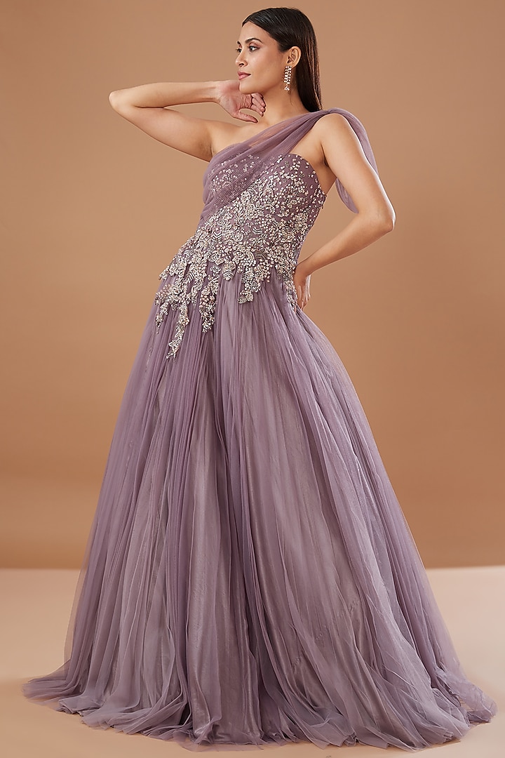 Mauve Organza Embroidered Gown by Dolly J