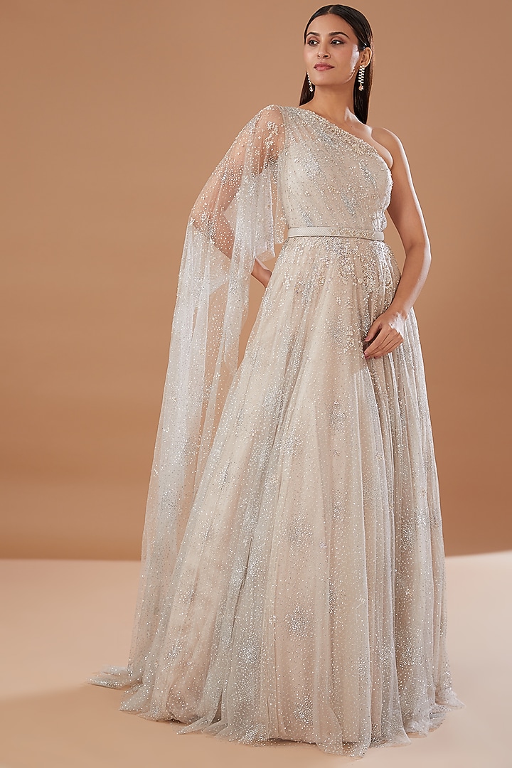 Ivory Shimmer Tulle Embroidered Wedding Gown by Dolly J at Pernia's Pop Up Shop