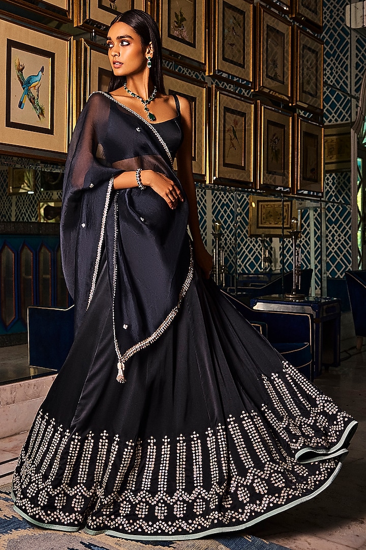 Black Satin Zardosi Embroidered Wedding Lehenga Set by Dolly J at Pernia's Pop Up Shop