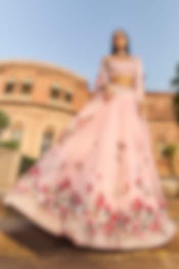 Blush Pink Organza Thread Embroidered Bridal Lehenga Set by Dolly J at Pernia's Pop Up Shop