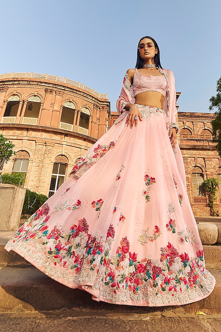Blush Pink Organza Thread Embroidered Bridal Lehenga Set by Dolly J at Pernia's Pop Up Shop