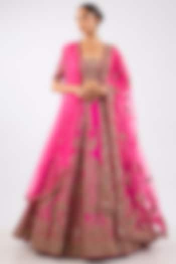 Hot Pink Raw Silk Floral Motif Embroidered Bridal Lehenga Set by Dolly J at Pernia's Pop Up Shop
