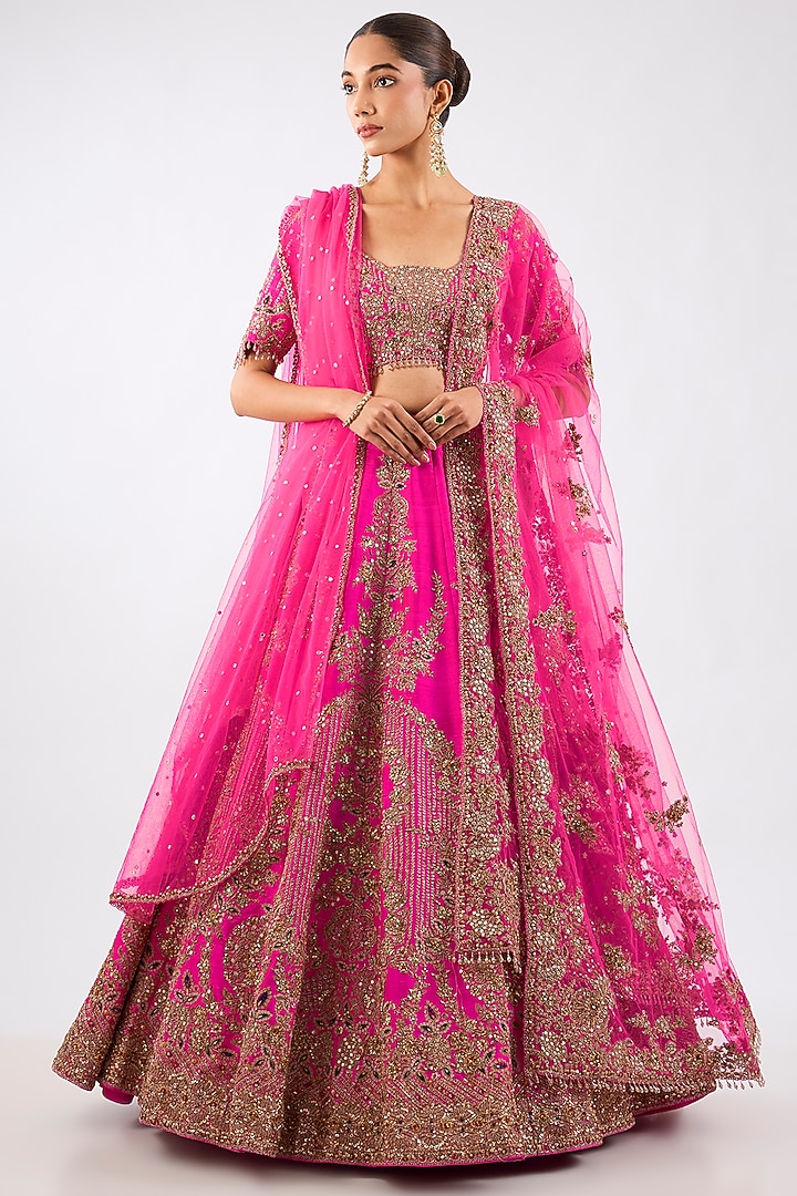 Hot Pink Raw Silk Floral Motif Embroidered Bridal Lehenga Set by Dolly J at Pernia's Pop Up Shop