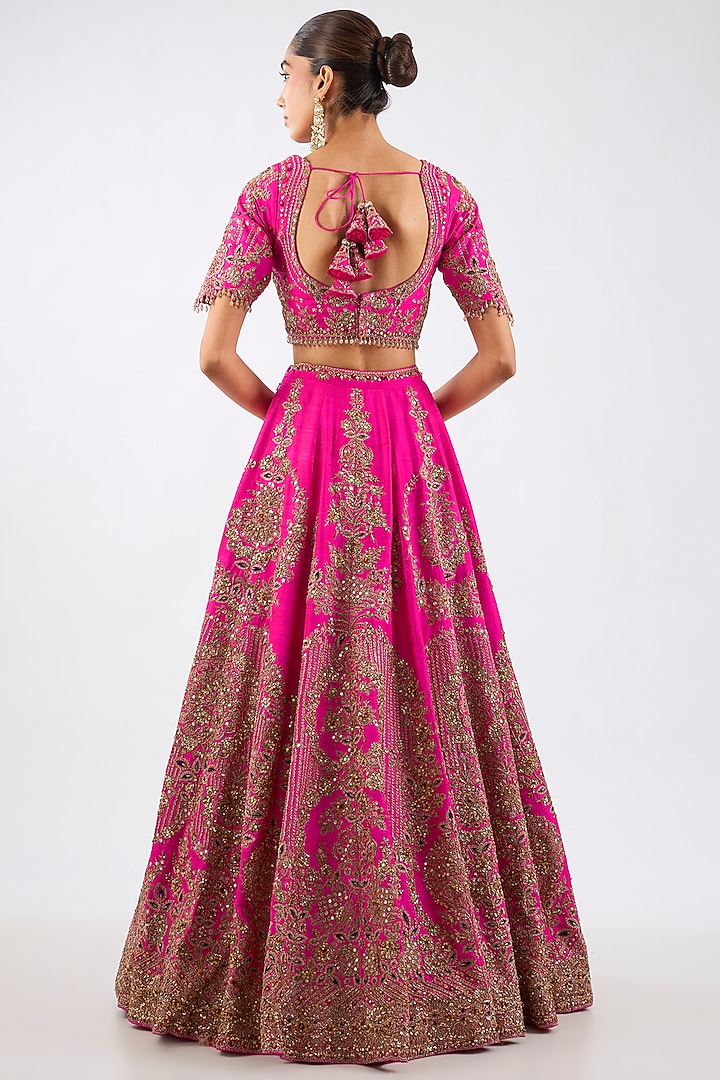 Hot Pink Raw Silk Floral Motif Embroidered Bridal Lehenga Set by Dolly J at Pernia's Pop Up Shop