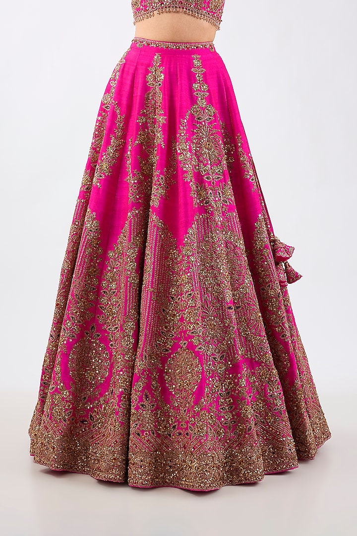 Hot Pink Raw Silk Floral Motif Embroidered Bridal Lehenga Set by Dolly J at Pernia's Pop Up Shop
