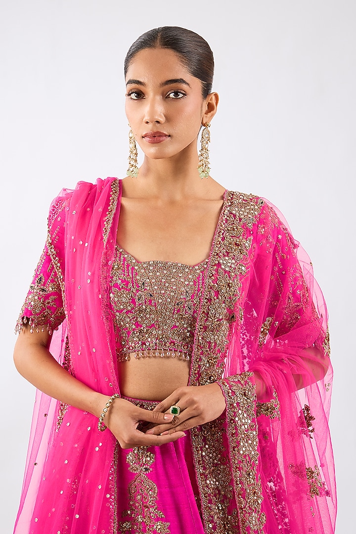 Hot Pink Raw Silk Floral Motif Embroidered Bridal Lehenga Set by Dolly J at Pernia's Pop Up Shop