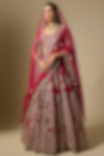 Maroon Raw Silk Floral Motif Embroidered Bridal Lehenga Set by Dolly J at Pernia's Pop Up Shop