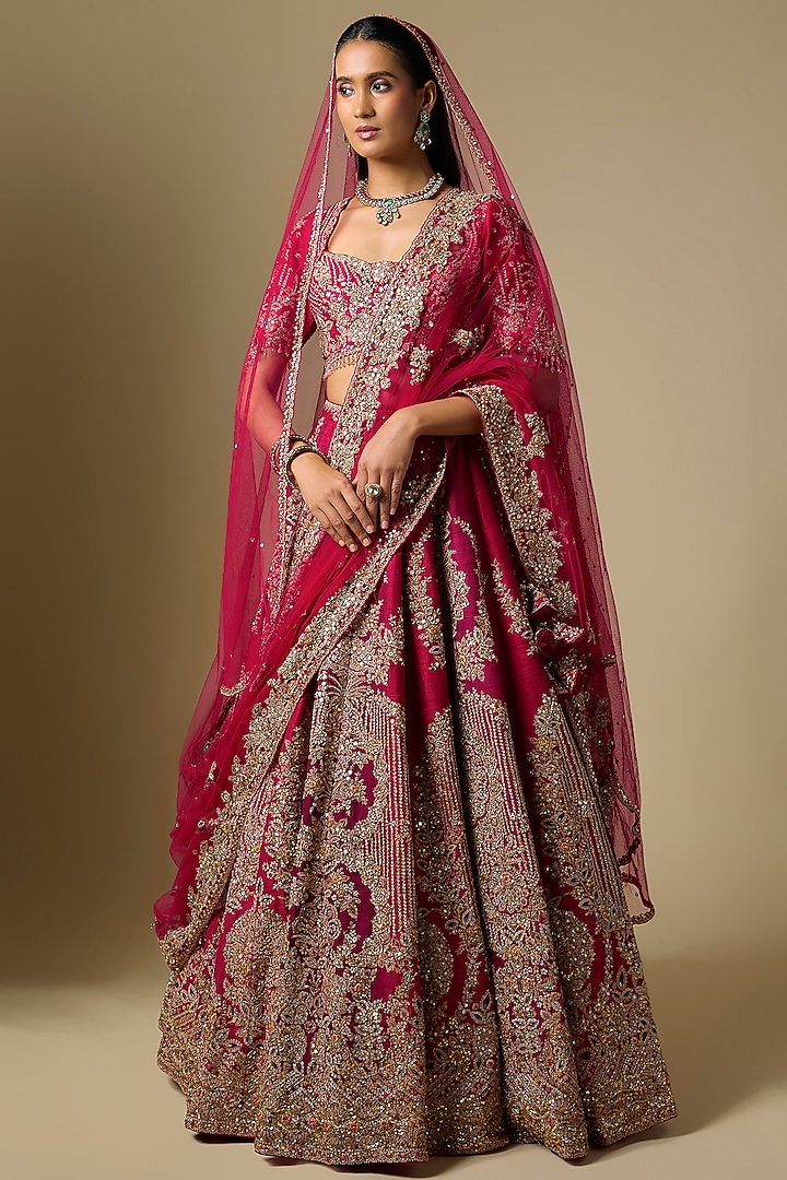 Maroon Raw Silk Floral Motif Embroidered Bridal Lehenga Set by Dolly J at Pernia's Pop Up Shop