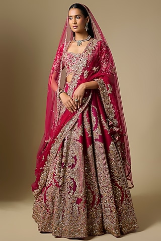 Maroon Raw Silk Floral Motif Embroidered Lehenga Set by Dolly J