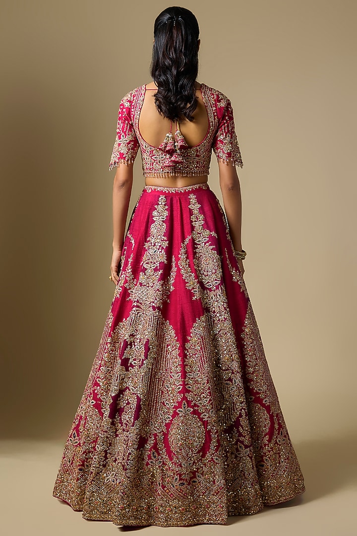 Maroon Raw Silk Floral Motif Embroidered Bridal Lehenga Set by Dolly J at Pernia's Pop Up Shop