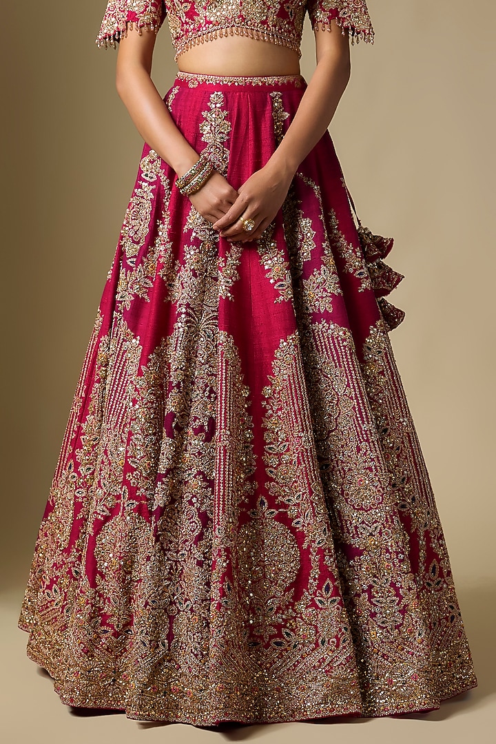 Maroon Raw Silk Floral Motif Embroidered Bridal Lehenga Set by Dolly J at Pernia's Pop Up Shop