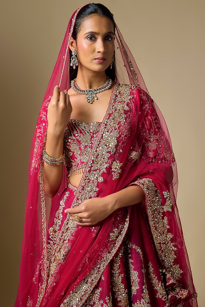 Maroon Raw Silk Floral Motif Embroidered Bridal Lehenga Set by Dolly J at Pernia's Pop Up Shop