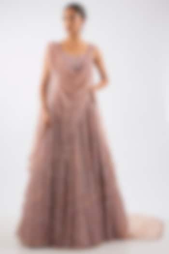 Champagne Tulle Motif Embroidered Draped Bridal Lehenga Set by Dolly J at Pernia's Pop Up Shop