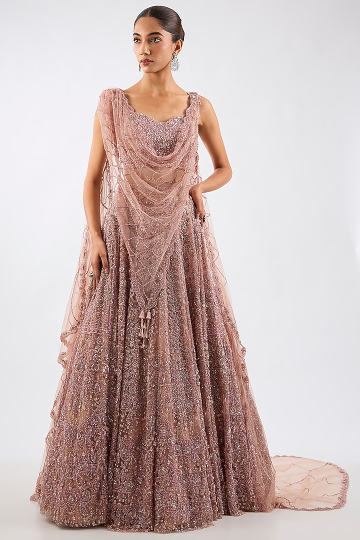 Champagne Tulle Motif Embroidered Draped Bridal Lehenga Set by Dolly J at Pernia's Pop Up Shop