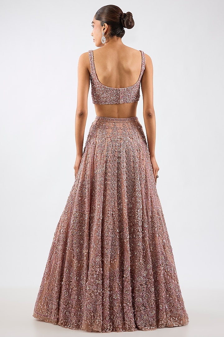 Champagne Tulle Motif Embroidered Draped Bridal Lehenga Set by Dolly J at Pernia's Pop Up Shop