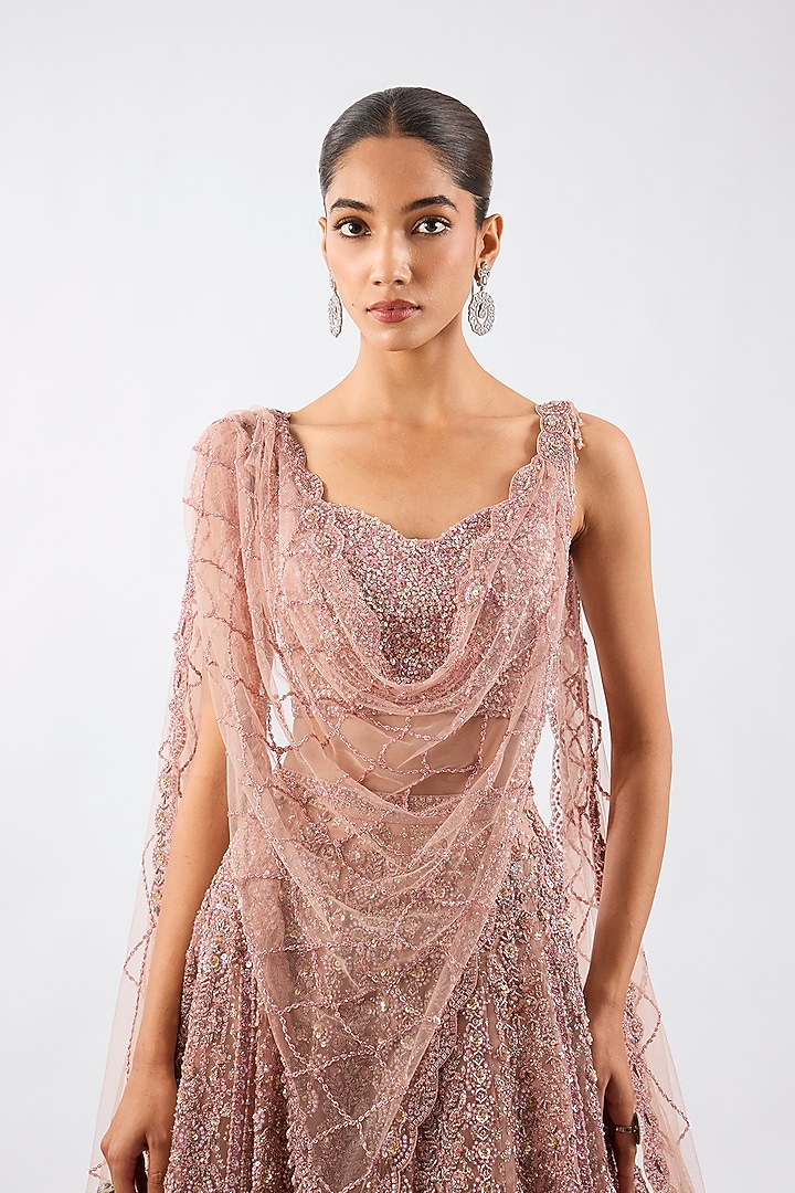 Champagne Tulle Motif Embroidered Draped Bridal Lehenga Set by Dolly J at Pernia's Pop Up Shop