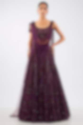 Wine Tulle Jewel Motif Embellished Draped Bridal Lehenga Set by Dolly J at Pernia's Pop Up Shop