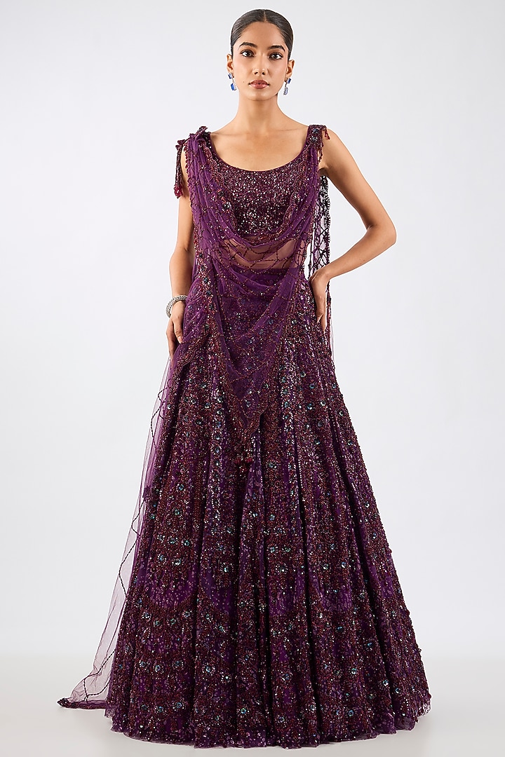 Wine Tulle Jewel Motif Embellished Draped Bridal Lehenga Set by Dolly J at Pernia's Pop Up Shop