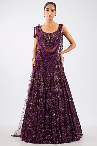 Wine Tulle Jewel Motif Embellished Draped Lehenga Set by Dolly J