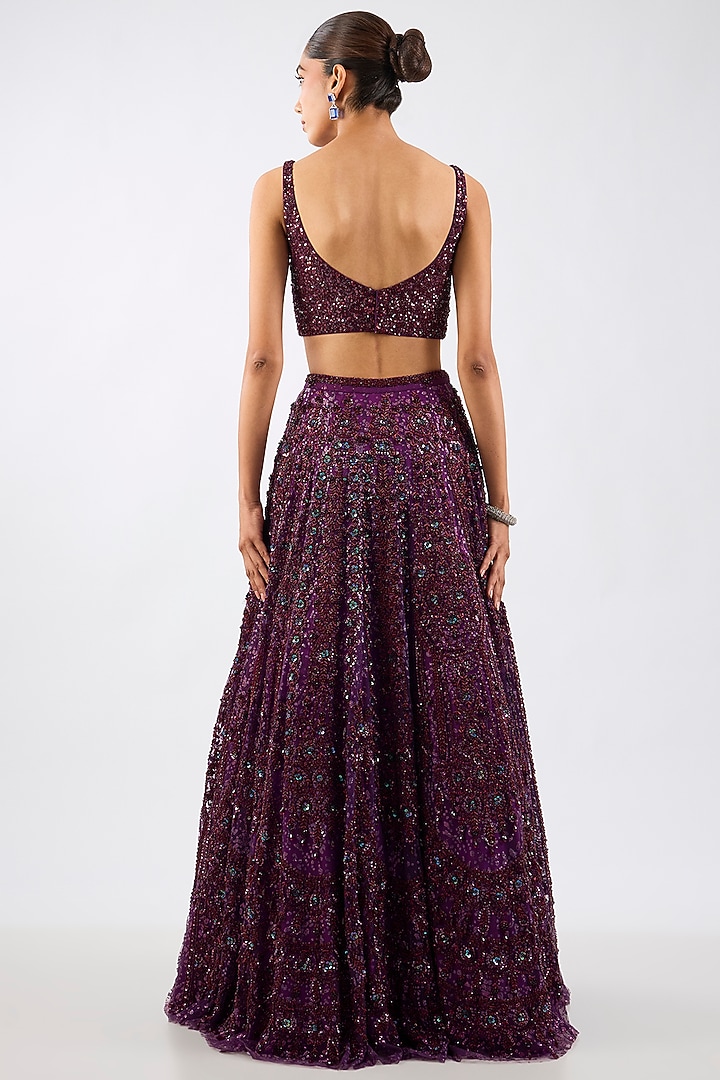Wine Tulle Jewel Motif Embellished Draped Bridal Lehenga Set by Dolly J at Pernia's Pop Up Shop
