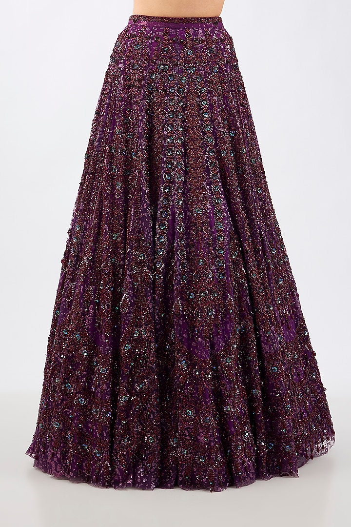 Wine Tulle Jewel Motif Embellished Draped Bridal Lehenga Set by Dolly J at Pernia's Pop Up Shop