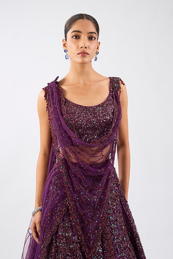 Wine Tulle Jewel Motif Embellished Draped Bridal Lehenga Set by Dolly J at Pernia's Pop Up Shop