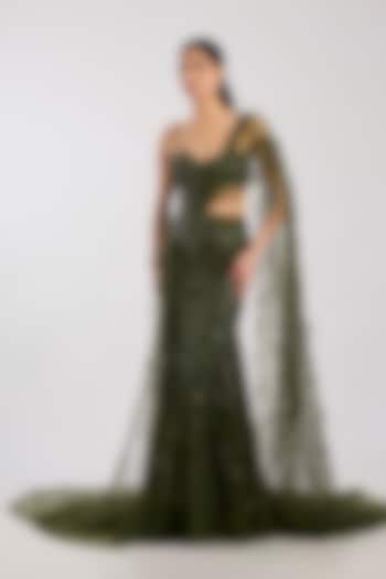 Olive Tulle Hand Embroidered Skirt Bridal Saree Set by Dolly J at Pernia's Pop Up Shop